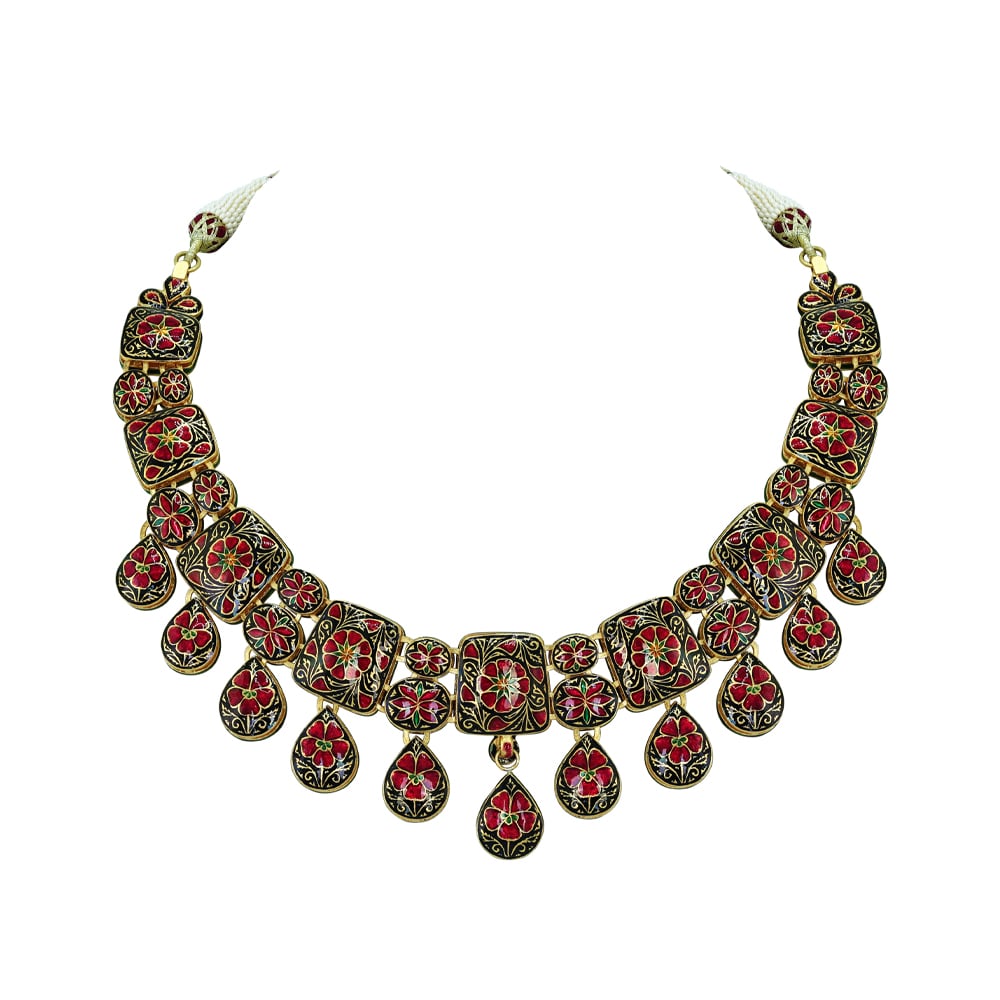 Polki Necklace with Cascading Teardrop and Square Motifs